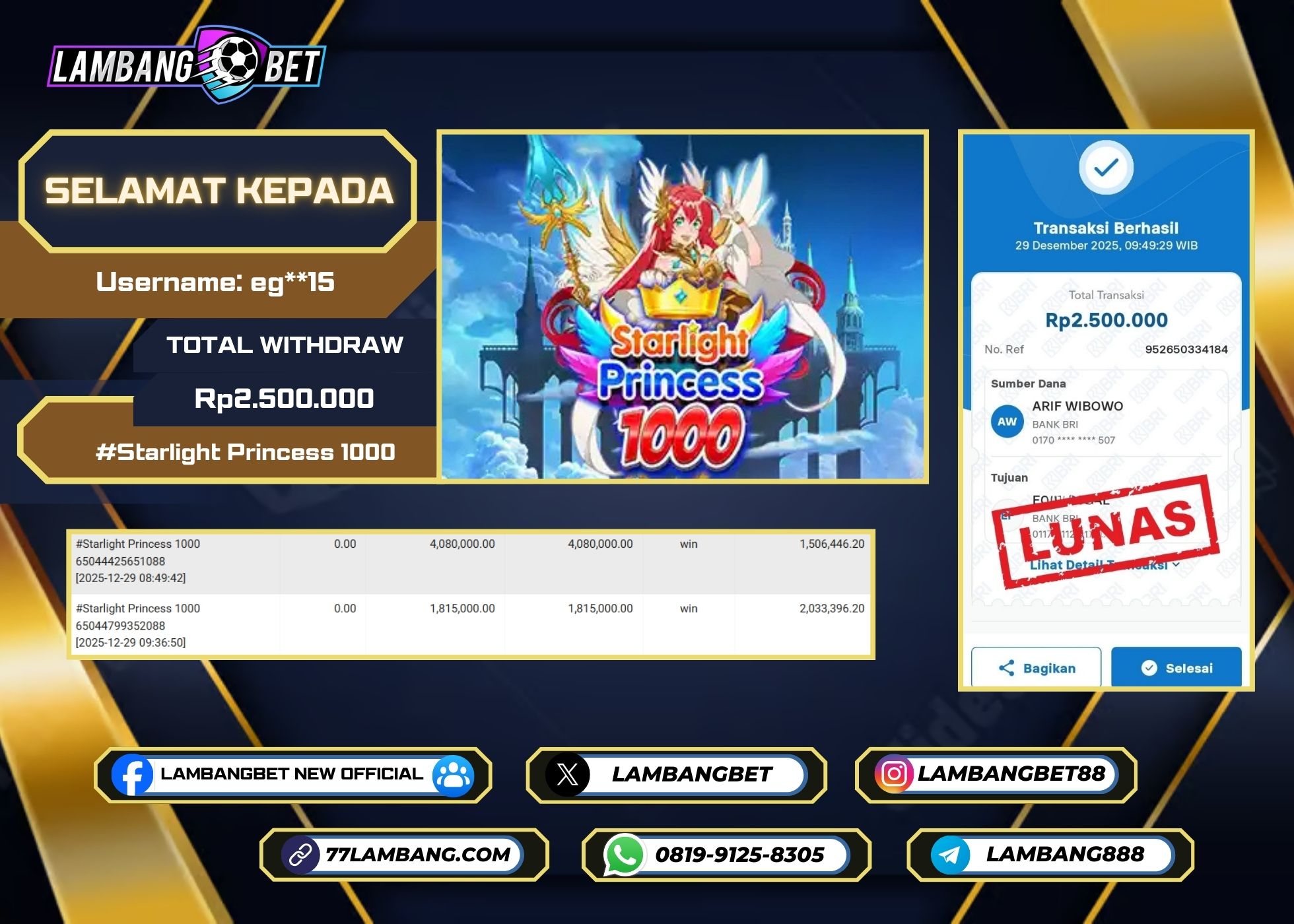 LAMBANGBET [29 DESEMBER 2025] JACKPOT SLOT Starlight Princess 1000 "Rp2.500.000" LUNAS
